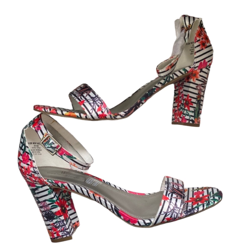 NWOT Floral Heels Ankle Strap Open Toes‎ Size 9.5